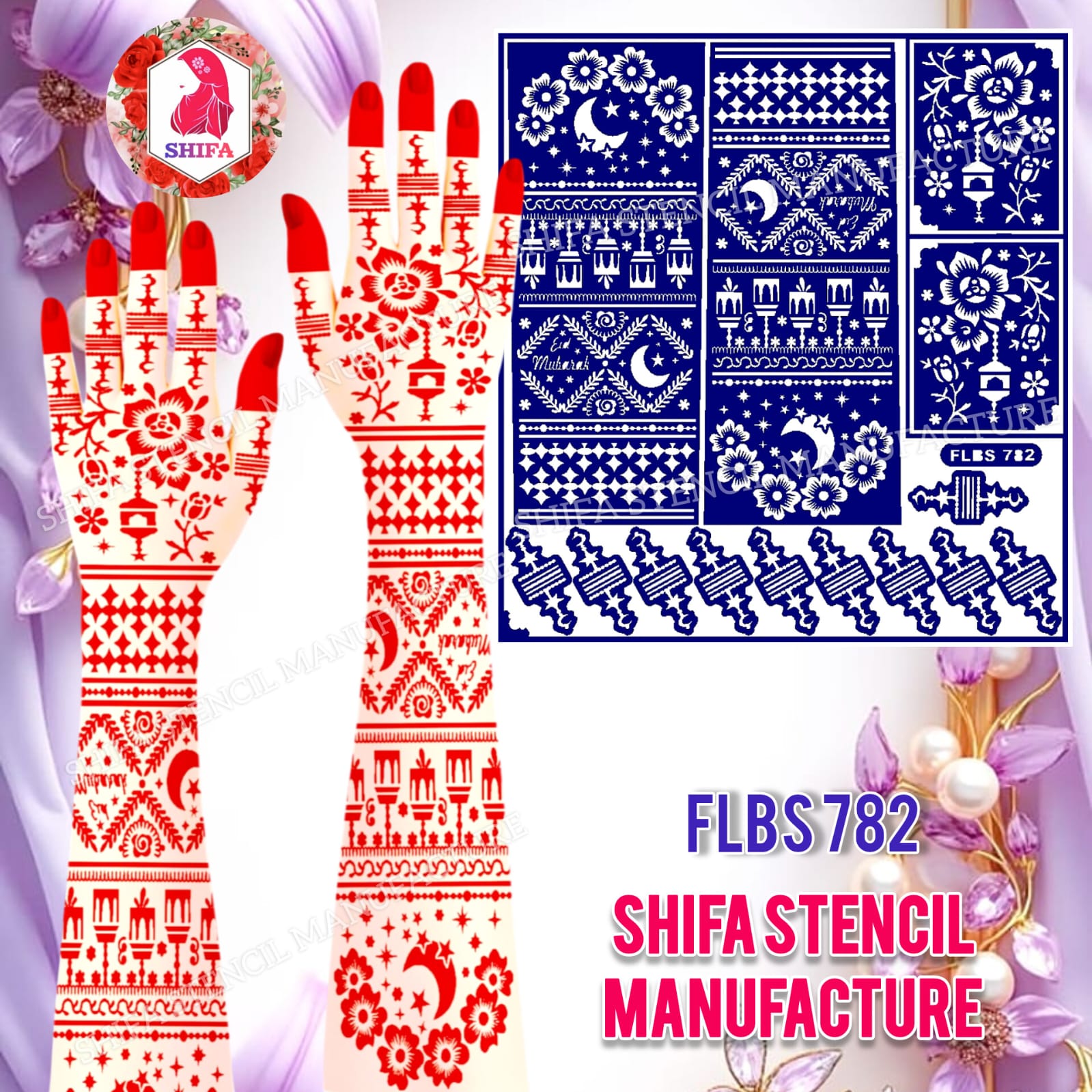 FLBS 782 Sahar Crescent Bloom Sticker Overview Henna Stencil - Shifa Stencil